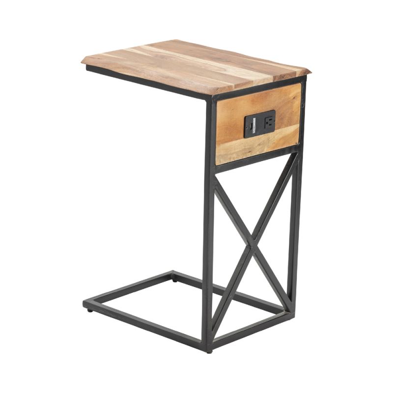 Crestview Collection - Bengal Manor Natural Live Edge Acacia Wood and Metal C Side Table with USB Power - CVFNR731