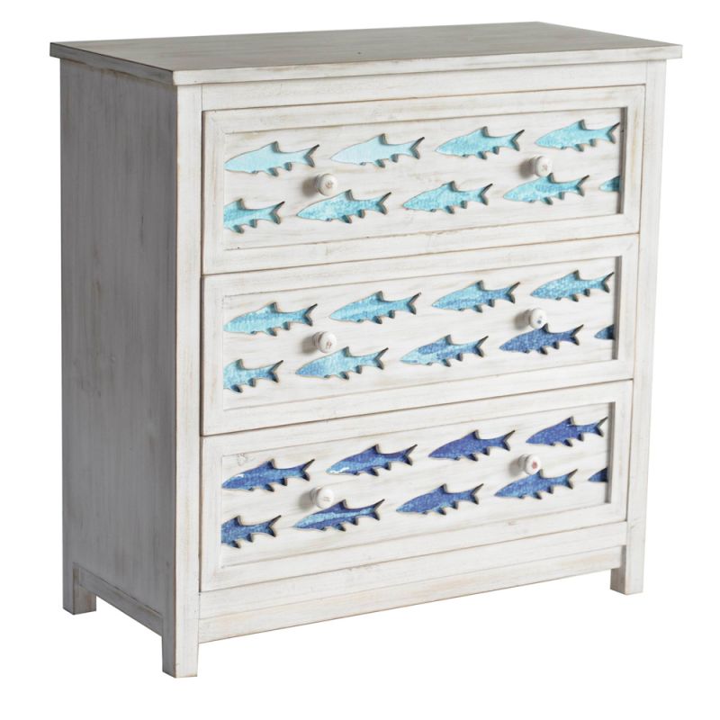 Crestview Collection - Dr Lasercut Chest 3 Drawer White Wash Chest with Gradient Blue Swimming Fish - CVFZR5075