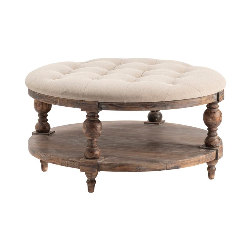 Crestview Collection - Tahoe Rustic Wood and Round Linen Ottoman - CVFZR4572