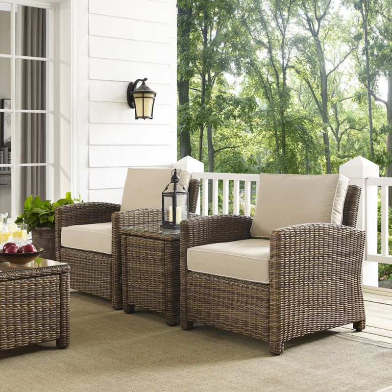 Crosley Furniture - Bradenton 3-Piece Outdoor Wicker Conversation Set with Sand Cushions - Two Arm Chairs & Side Table - KO70052WB-SA
