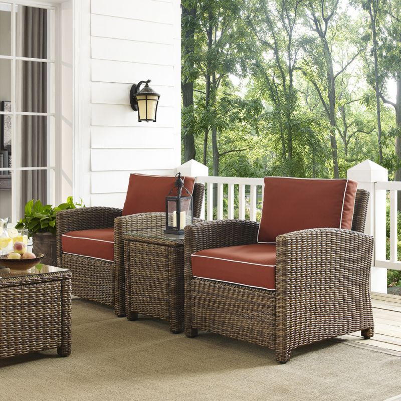 Crosley Furniture - Bradenton 3-Piece Outdoor Wicker Conversation Set with Sangria Cushions - Two Arm Chairs & Side Table - KO70052WB-SG