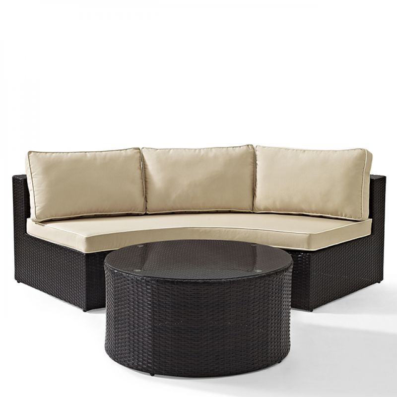 Crosley Furniture - Catalina 2 Piece Outdoor Wicker Seating Set with Sand Cushions - Round Sectional Sofa with Round Glass Top Coffee Table - KO70034BR