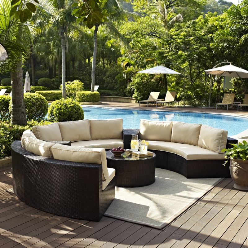 Crosley Furniture - Catalina 6 Piece Outdoor Wicker Seating Set with Sand Cushions - Three Round Sectional Sofas, Two Arm Tables, and Round Glass Top Coffee Table - KO70036BR