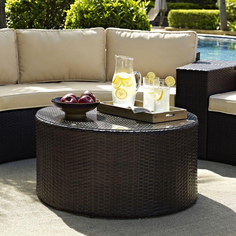 Crosley Furniture - Catalina Outdoor Wicker Round Glass Top Coffee Table - CO7121-BR