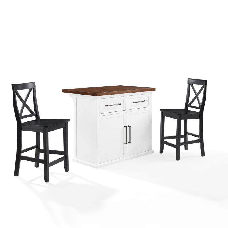 Crosley Furniture - Bartlett Wood Top Kitchen Island W/X-Back Stools White/Black - Kitchen Island & 2 Stools - KF30092WH-BK