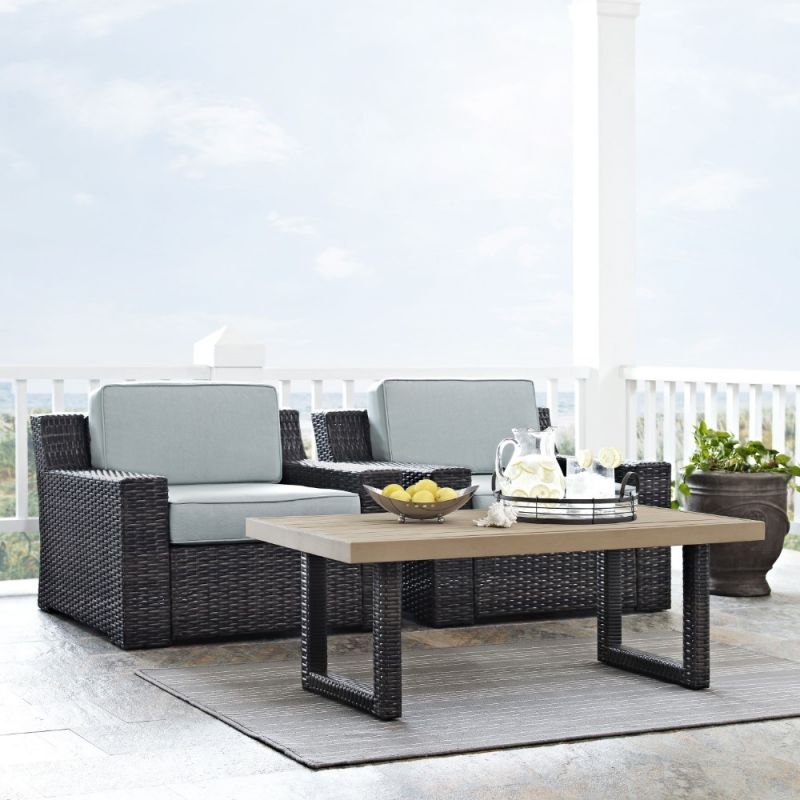 Crosley Furniture - Beaufort 3 Pc Outdoor Wicker Seating Set With Mist Cushion - Two Outdoor Wicker Chairs, Coffee Table - KO70099BR