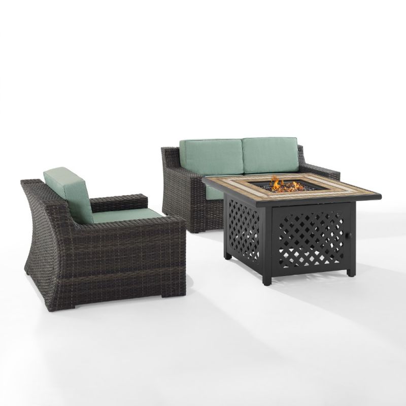 Crosley Furniture - Beaufort 3 Piece Outdoor Wicker Conversation Set With Fire Table Mist/Brown - Fire Table, Loveseat, & Chair - KO70177BR
