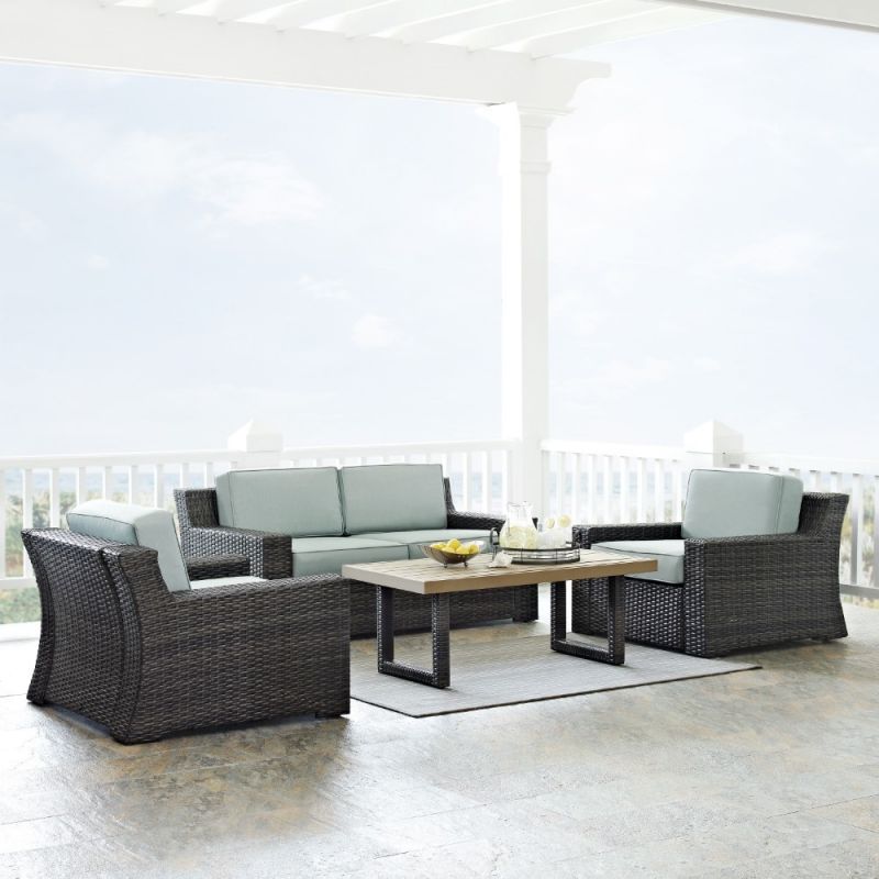 Crosley Furniture - Beaufort 4 Pc Outdoor Wicker Seating Set With Mist Cushion - Loveseat, Two Chairs, Coffee Table - KO70096BR