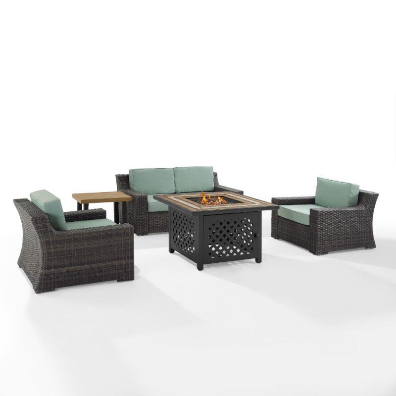Crosley Furniture - Beaufort 5 Piece Outdoor Wicker Conversation Set With Fire Table Mist/Brown - Fire Table, Side Table, Loveseat, & 2 Chars - KO70178BR