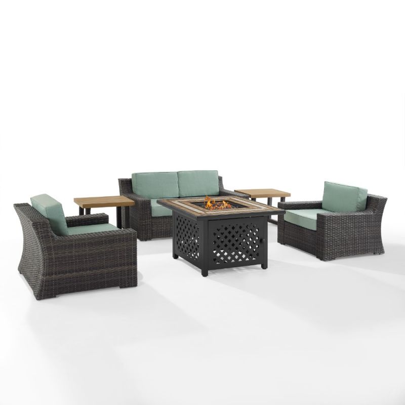 Crosley Furniture - Beaufort 6 Piece Outdoor Wicker Conversation Set With Fire Table Mist/Brown - Fire Table, Loveseat, 2 Side Tables, & 2 Chairs - KO70179BR