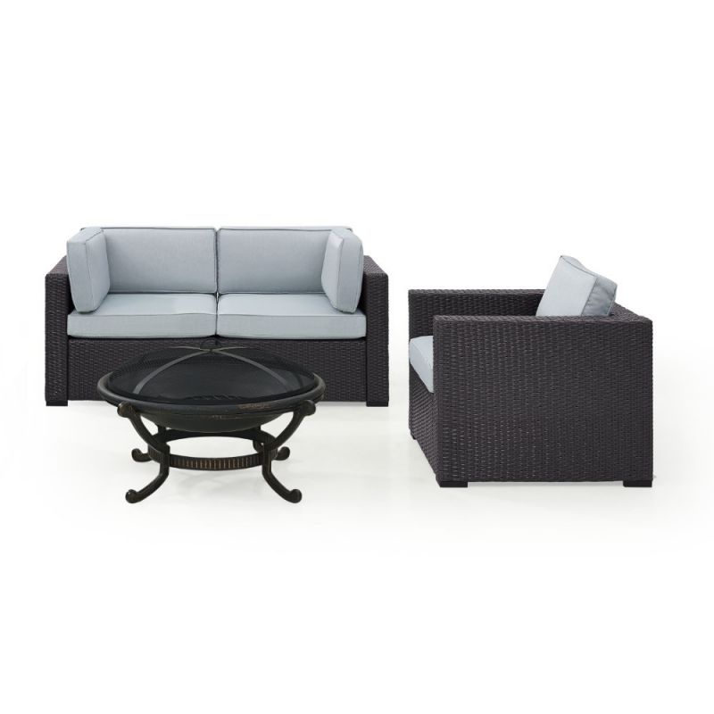 Crosley Furniture - Biscayne 3 Person Outdoor Wicker Seating Set in Mist - Two Corner Chairs, One Arm Chair, Ashland Firepit - KO70119BR-MI
