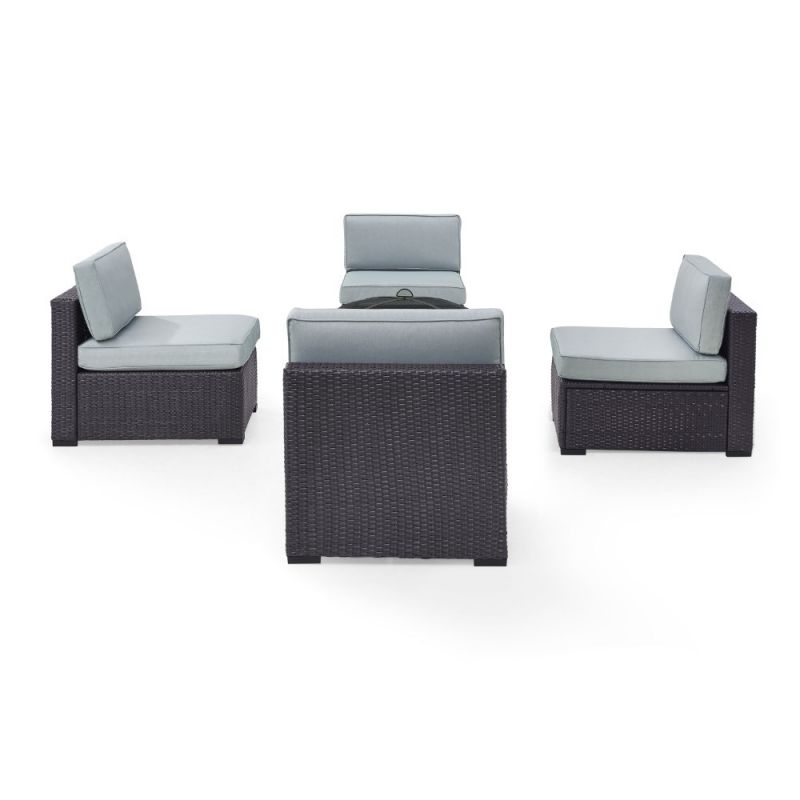Crosley Furniture - Biscayne 4 Person Outdoor Wicker Seating Set in Mist - Four Armless Chairs, Ashland Firepit - KO70122BR-MI