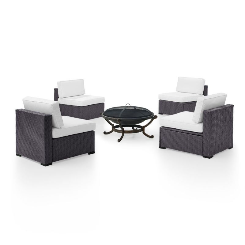 Crosley Furniture - Biscayne 4 Person Outdoor Wicker Seating Set in White - Four Armless Chairs, Ashland Firepit - KO70122BR-WH