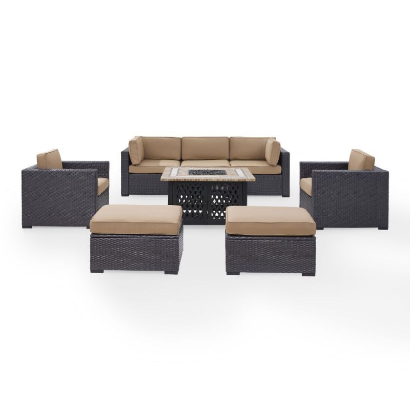 Crosley Furniture - Biscayne 7 Person Outdoor Wicker Seating Set in Mocha - One Loveseat, One Corner Chair, Two Arm Chairs, Two Ottomans, Tucson Firetable - KO70116BR-MO