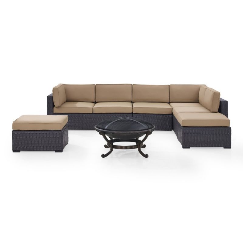 Crosley Furniture - Biscayne 6Pc  Outdoor Wicker Sectional Set With Fire Pit in Mocha - Two Loveseats, One Armless Chair, Two Ottomans, Ashland Firepit - KO70120BR-MO