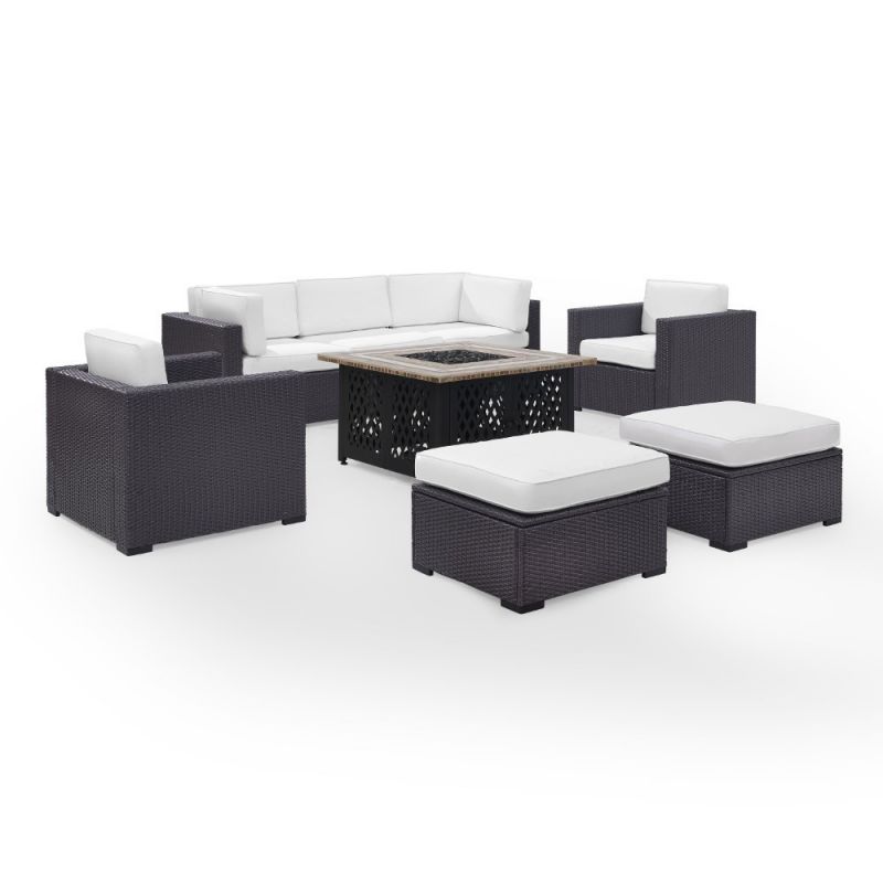 Crosley Furniture - Biscayne 7 Person Outdoor Wicker Seating Set in White - One Loveseat, One Corner Chair, Two Arm Chairs, Two Ottomans, Tucson Firetable - KO70116BR-WH_CLOSEOUT