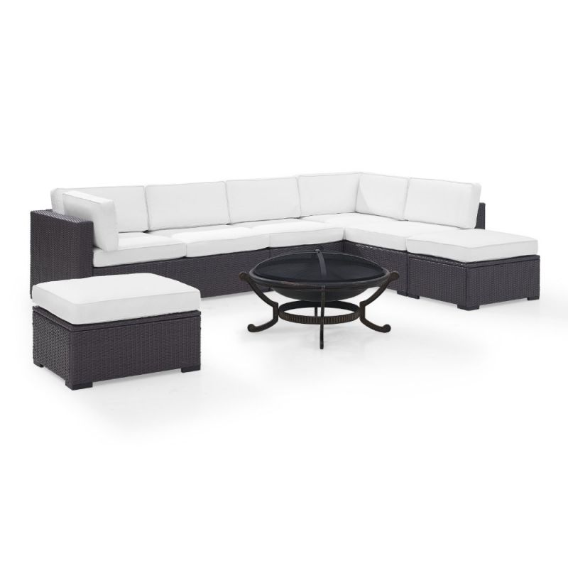 Crosley Furniture - Biscayne 6Pc Outdoor Wicker Sectional Set With Fire Pit in White - Two Loveseats, One Armless Chair, Two Ottomans, Ashland Firepit - KO70120BR-WH