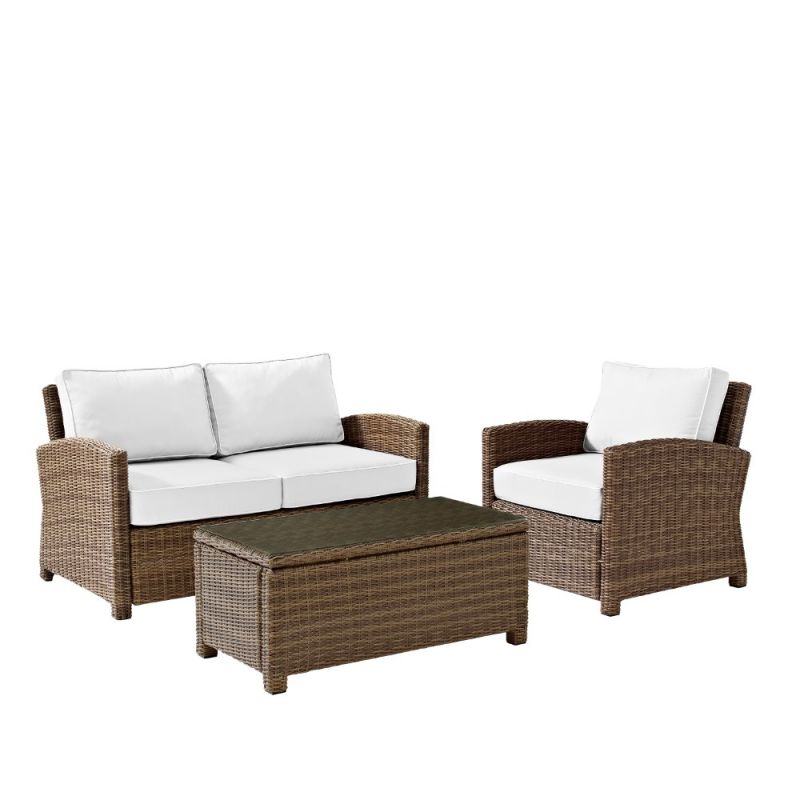 Crosley Furniture - Bradenton 3Pc Outdoor Conversation Set - Sunbrella White/Weathered Brown - Loveseat, Armchair, & Coffee Table - KO70027WB-WH