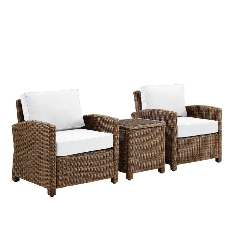 Crosley Furniture - Bradenton 3Pc Outdoor Wicker Armchair Set - Sunbrella White/Weathered Brown - Side Table & 2 Armchairs - KO70052WB-WH