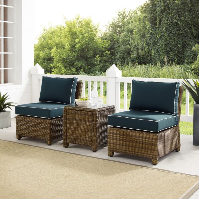 Crosley Furniture - Bradenton 3Pc Outdoor Wicker Chair Set Navy-Weathered Brown - Side Table and 2 Armless Chairs - KO70174WB-NV