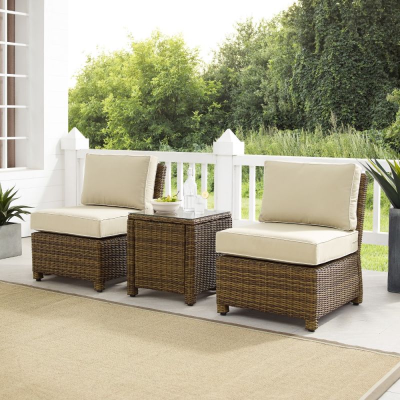 Crosley Furniture - Bradenton 3Pc Outdoor Wicker Chair Set Sand- Weathered Brown - Side Table and 2 Armless Chairs - KO70174WB-SA