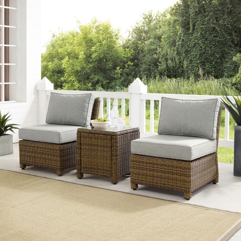 Crosley Furniture - Bradenton 3Pc Outdoor Wicker Chair Set Gray- Weathered Brown - Side Table and 2 Armless Chairs - KO70174WB-GY