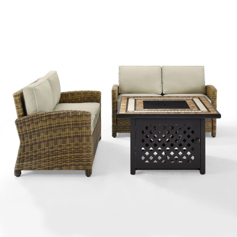 Crosley Furniture - Bradenton 3 Piece Outdoor Wicker Conversation Set With Fire Table Sand/Weathered Brown - 2 Loveseats, Fire Table - KO70164-SA