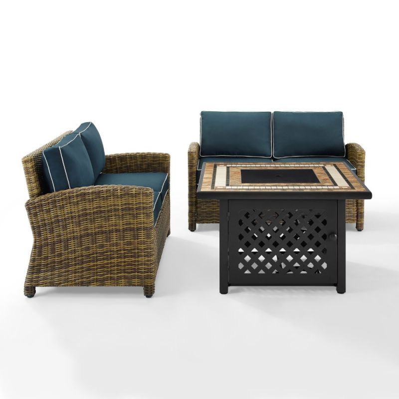 Crosley Furniture - Bradenton 3 Piece Outdoor Wicker Conversation Set With Fire Table Navy/Weathered Brown - 2 Loveseats, Fire Table - KO70164-NV