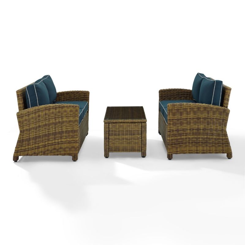 Crosley Furniture - Bradenton 3 Piece Outdoor Wicker Conversation Set Navy/Weathered Brown - 2 Loveseats & One Coffee Table - KO70165-NV