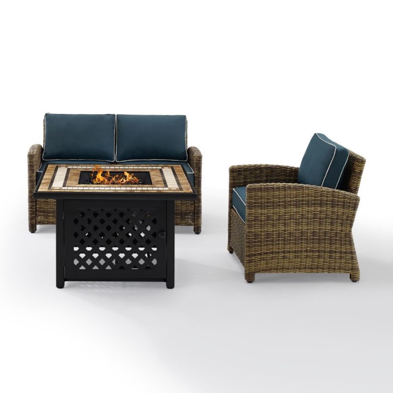 Crosley Furniture - Bradenton 3 Piece Outdoor Wicker Conversation Set With Fire Table Weathered Brown/Navy - Loveseat, Arm Chair, Fire Table - KO70161-NV