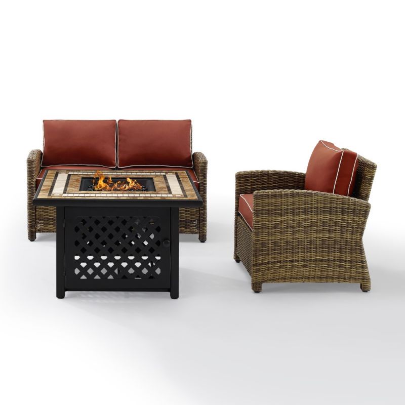 Crosley Furniture - Bradenton 3 Piece Outdoor Wicker Conversation Set With Fire Table Weathered Brown/Sangria - Loveseat, Arm Chair, Fire Table - KO70161-SG