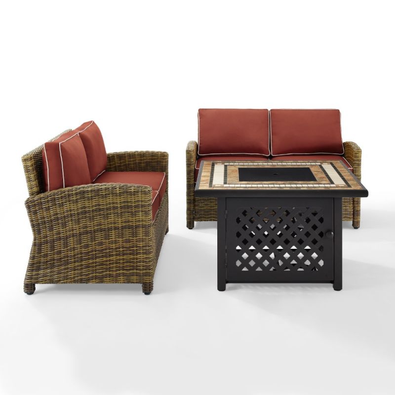 Crosley Furniture - Bradenton 3 Piece Outdoor Wicker Conversation Set With Fire Table Sangria/Weathered Brown - 2 Loveseats, Fire Table - KO70164-SG