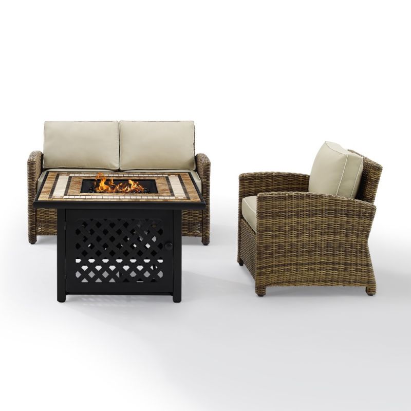 Crosley Furniture - Bradenton 3 Piece Outdoor Wicker Conversation Set With Fire Table Weathered Brown/Sand - Loveseat, Arm Chair, Fire Table - KO70161-SA