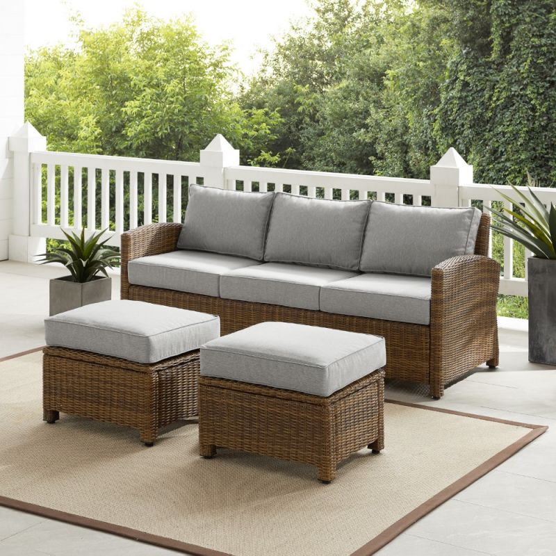 Crosley Furniture - Bradenton 3Pc Outdoor Wicker Sofa Set Gray-Weathered Brown - Sofa and 2 Ottomans - KO70186WB-GY