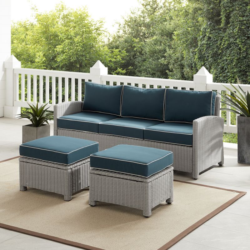 Crosley Furniture - Bradenton 3Pc Outdoor Wicker Sofa Set Navy/Gray - Sofa & 2 Ottomans - KO70186GY-NV