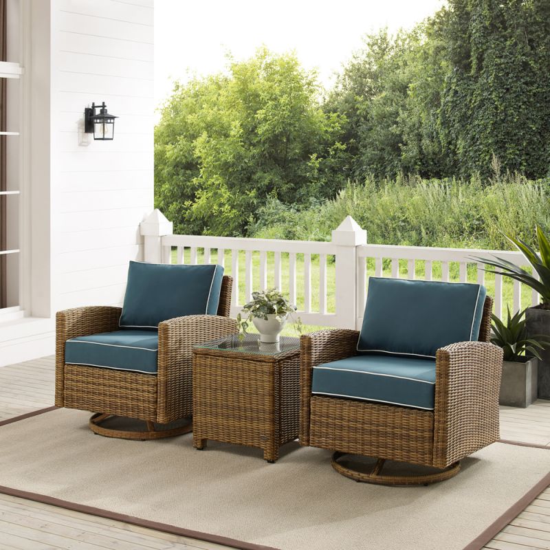 Crosley Furniture - Bradenton 3Pc Outdoor Wicker Swivel Rocker Chair Set Navy/Weathered Brown - Side Table & 2 Swivel Rockers - KO70424WB-NV