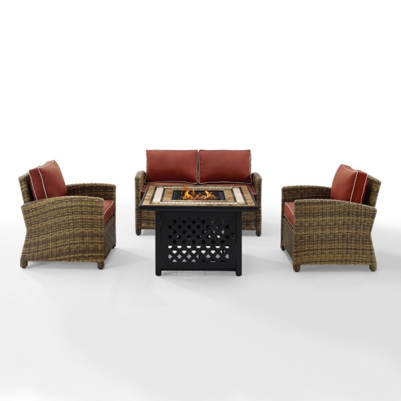 Crosley Furniture - Bradenton 4 Piece Outdoor Wicker Conversation Set With Fire Table Weathered Brown/Sangria - Loveseat, 2 Arm Chairs, Fire Table - KO70160-SG