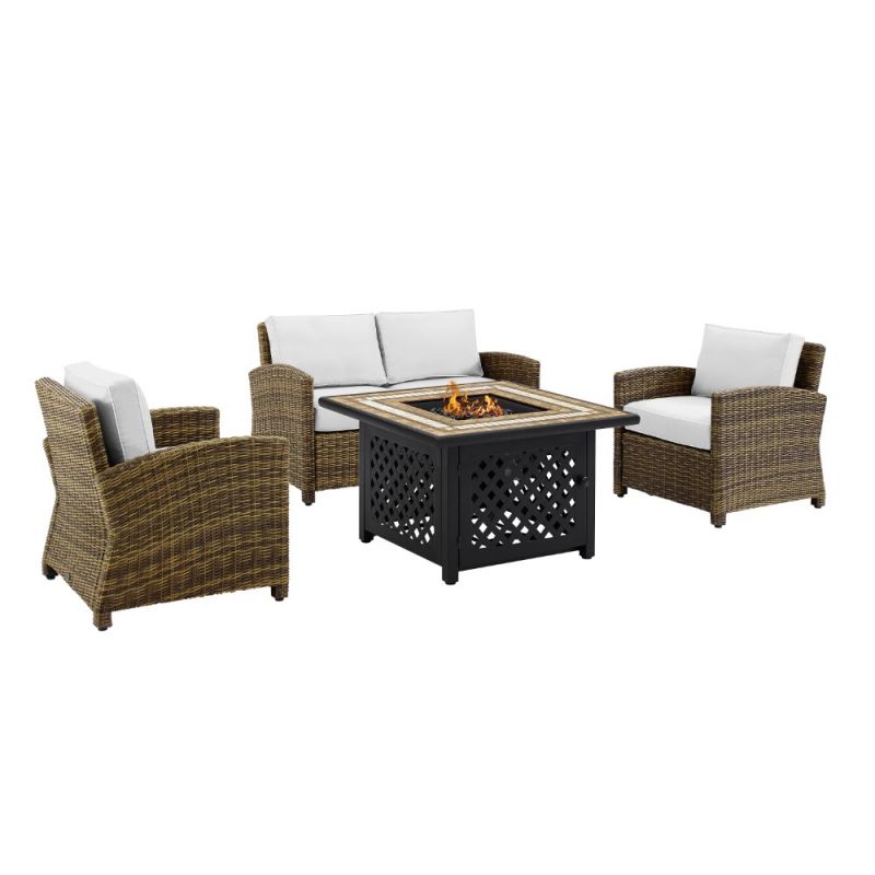 Crosley Furniture - Bradenton 4Pc Outdoor Convo Set W/Fire Table - Sunbrella White/Weathered Brown - Loveseat, Tucson Fire Table, & 2 Arm Chairs - KO70160-WH