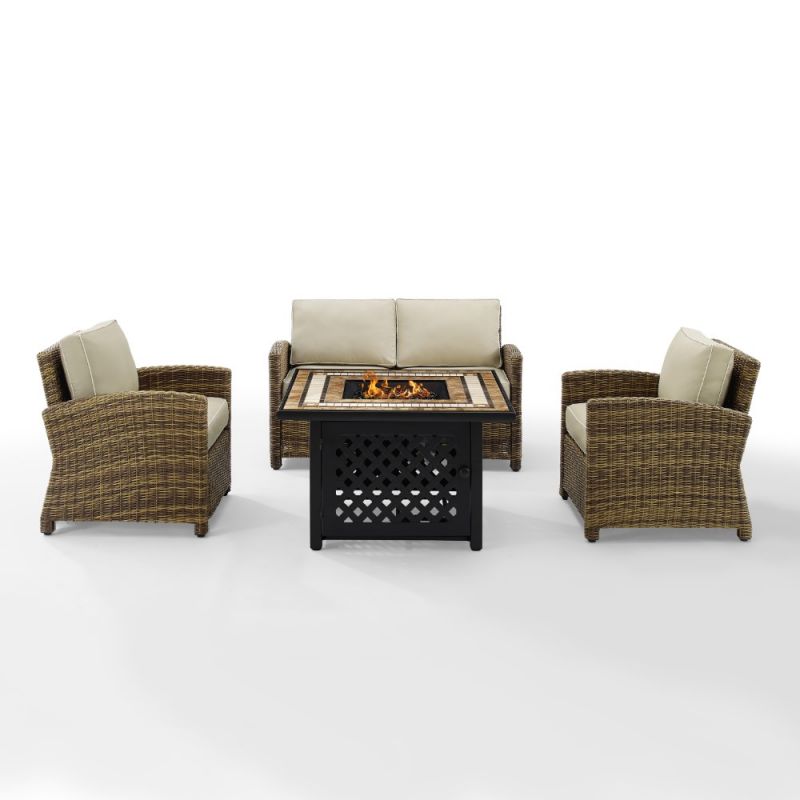 Crosley Furniture - Bradenton 4 Piece Outdoor Wicker Conversation Set With Fire Table Weathered Brown/Sand - Loveseat, 2 Arm Chairs, Fire Table - KO70160-SA