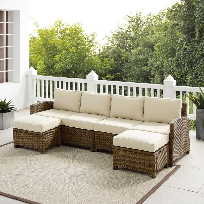 Crosley Furniture - Bradenton 4Pc Outdoor Wicker Sectional Set Sand -Weathered Brown - Left Loveseat, Right Loveseat, and 2 Ottomans - KO70187WB-SA