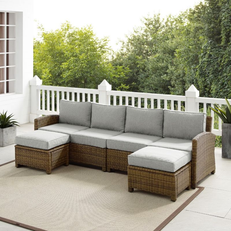 Crosley Furniture - Bradenton 4Pc Outdoor Wicker Sectional Set Gray -Weathered Brown - Left Loveseat, Right Loveseat, and 2 Ottomans - KO70187WB-GY