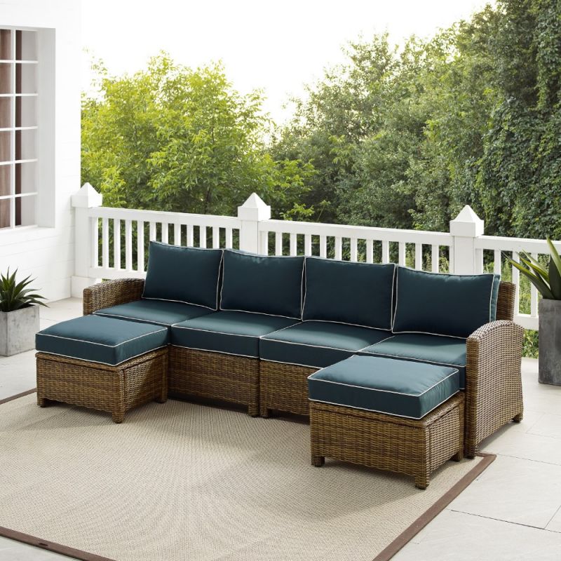 Crosley Furniture - Bradenton 4Pc Outdoor Wicker Sectional Set Navy -Weathered Brown - Left Loveseat, Right Loveseat, and 2 Ottomans - KO70187WB-NV