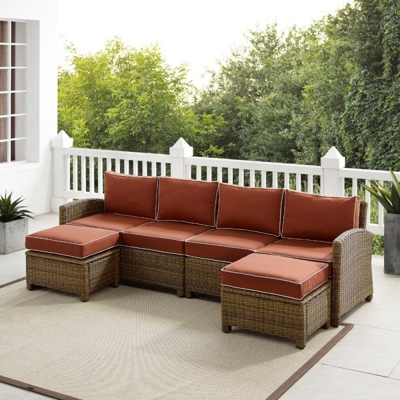 Crosley Furniture - Bradenton 4Pc Outdoor Wicker Sectional Set Sangria -Weathered Brown - Left Loveseat, Right Loveseat, and 2 Ottomans - KO70187WB-SG