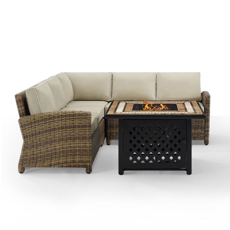 Crosley Furniture - Bradenton 4 Piece Outdoor Wicker Sectional Set With Fire Table Weathered Brown/Sand - Right Corner Loveseat, Left Corner Loveseat, Corner Chair, Fire Table - KO70157-SA