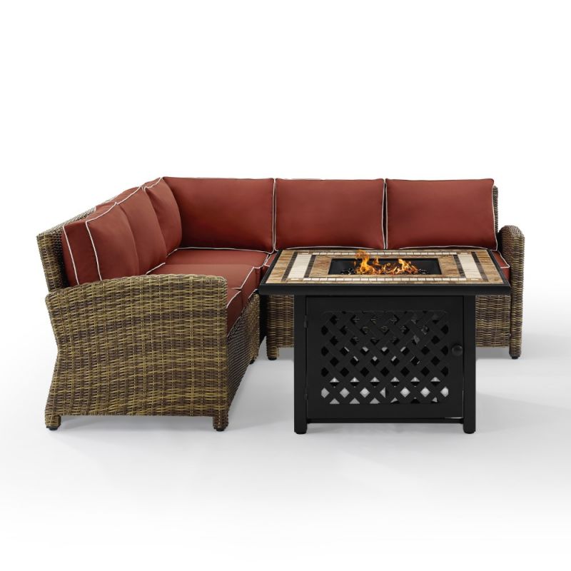 Crosley Furniture - Bradenton 4 Piece Outdoor Wicker Sectional Set With Fire Table Weathered Brown/Sangria - Right Corner Loveseat, Left Corner Loveseat, Corner Chair, Fire Table - KO70157-SG