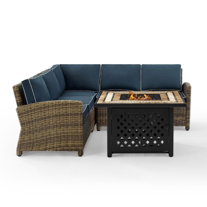 Crosley Furniture - Bradenton 4 Piece Outdoor Wicker Sectional Set With Fire Table Weathered Brown/Navy - Right Corner Loveseat, Left Corner Loveseat, Corner Chair, Fire Table - KO70157-NV