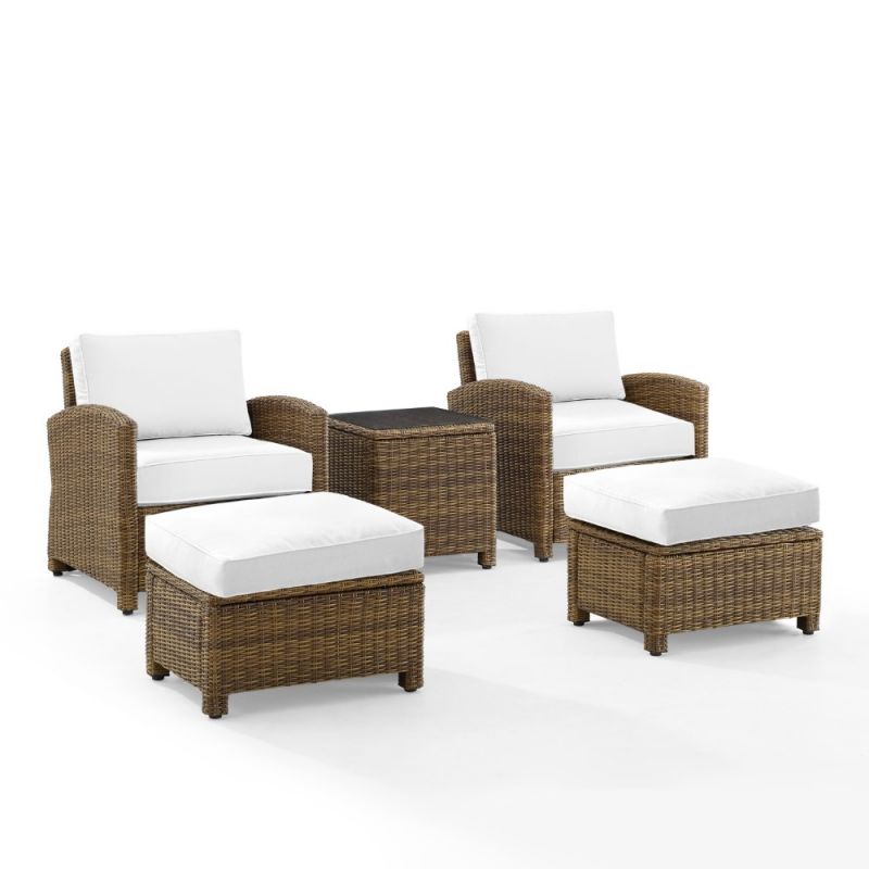 Crosley Furniture - Bradenton 5Pc Outdoor Armchair Set - Sunbrella White/Weathered Brown - Side Table, 2 Arm Chairs & 2 Ottomans - KO70182WB-WH