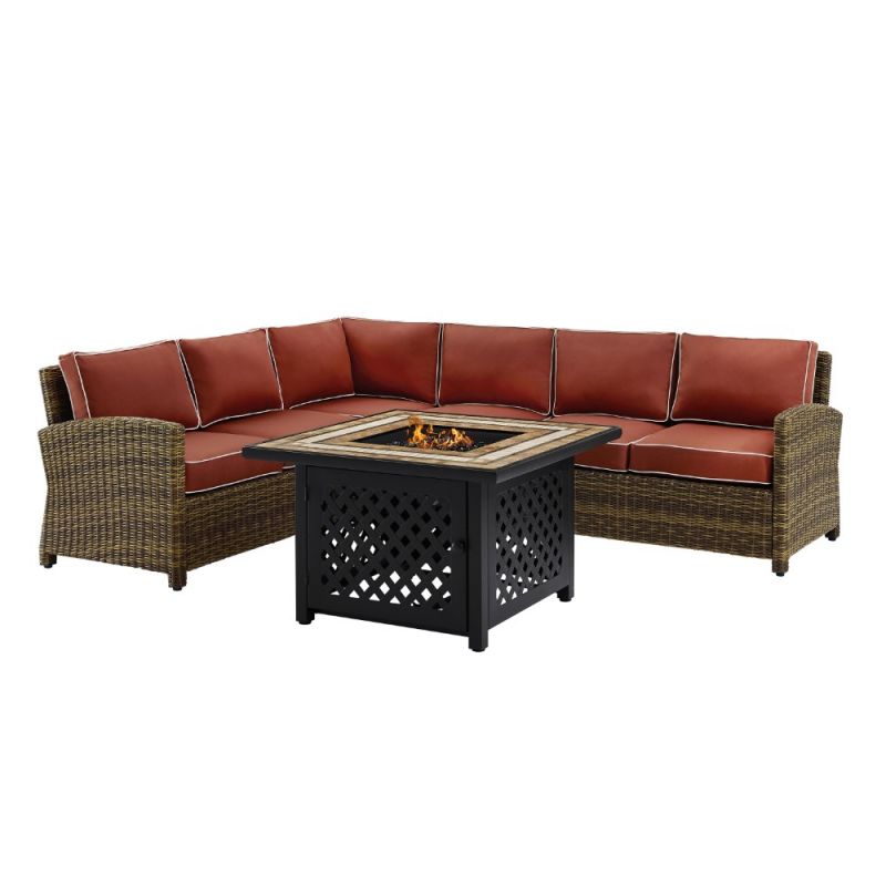 Crosley Furniture - Bradenton 5 Piece Outdoor Wicker Sectional Set With Fire Table Weathered Brown/Sand - Right Corner Loveseat, Left Corner Loveseat, Corner Chair, Center Chair, Fire Table - KO70158-SG