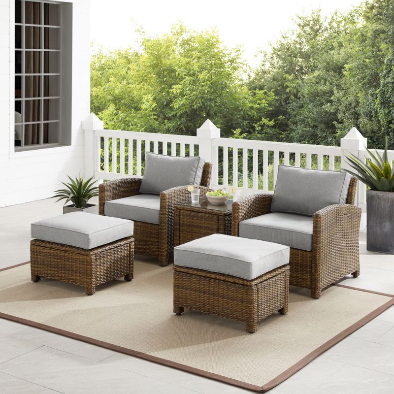 Crosley Furniture - Bradenton 5Pc Outdoor Wicker Armchair Set Gray /Weathered Brown - Side Table, 2 Arm Chairs & 2 Ottomans - KO70182WB-GY