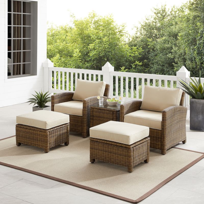 Crosley Furniture - Bradenton 5Pc Outdoor Wicker Armchair Set Sand/ Weathered Brown - Side Table, 2 Arm Chairs & 2 Ottomans - KO70182WB-SA